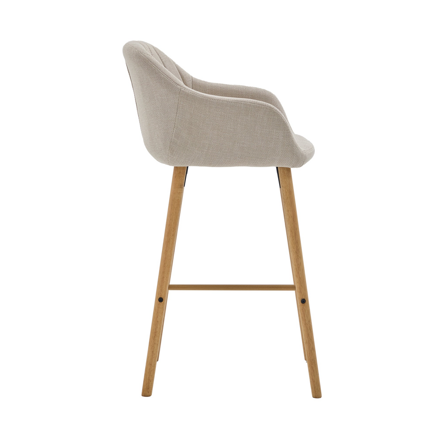 Modern linen upholstered bar stool with backrest, armrests, footrest, and solid wood legs by Start2Finish