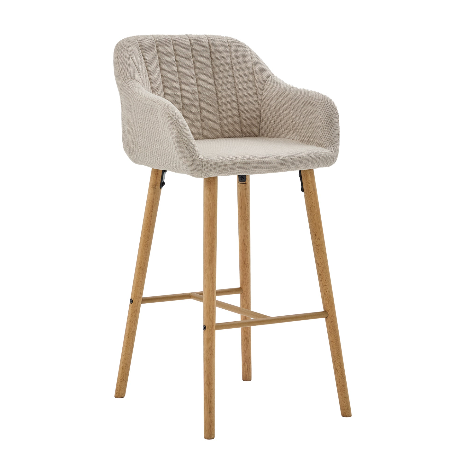 Modern linen upholstered bar stool with back, armrests, footrest, and solid wood legs from Start2Finish.