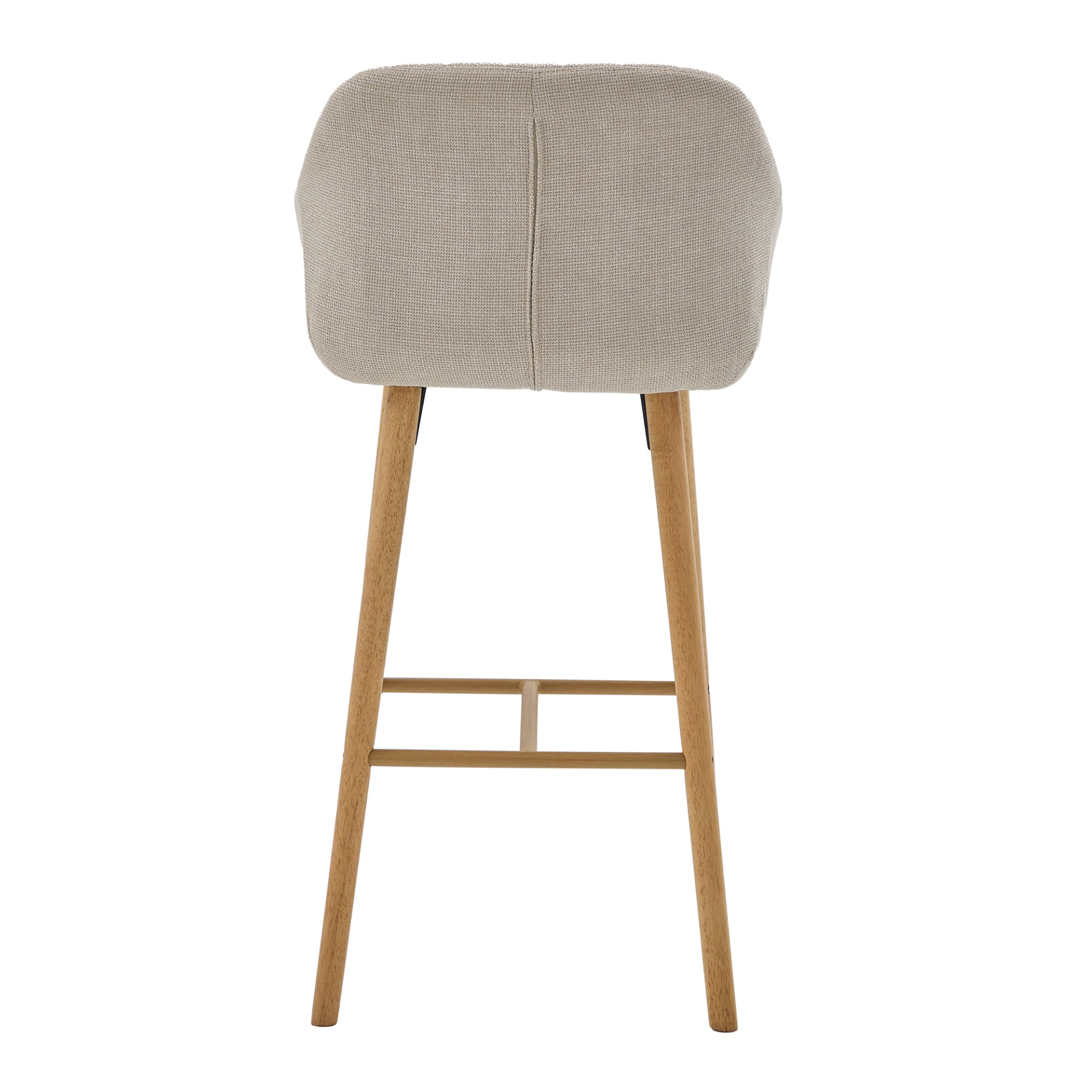 Modern linen upholstered bar stool with backrest, armrests, footrest, and solid wood legs by Start2Finish.