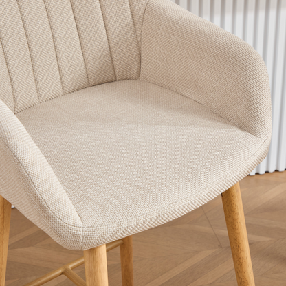 Modern linen upholstered bar stool with back, armrests, footrest, and solid wood legs by Start2Finish.