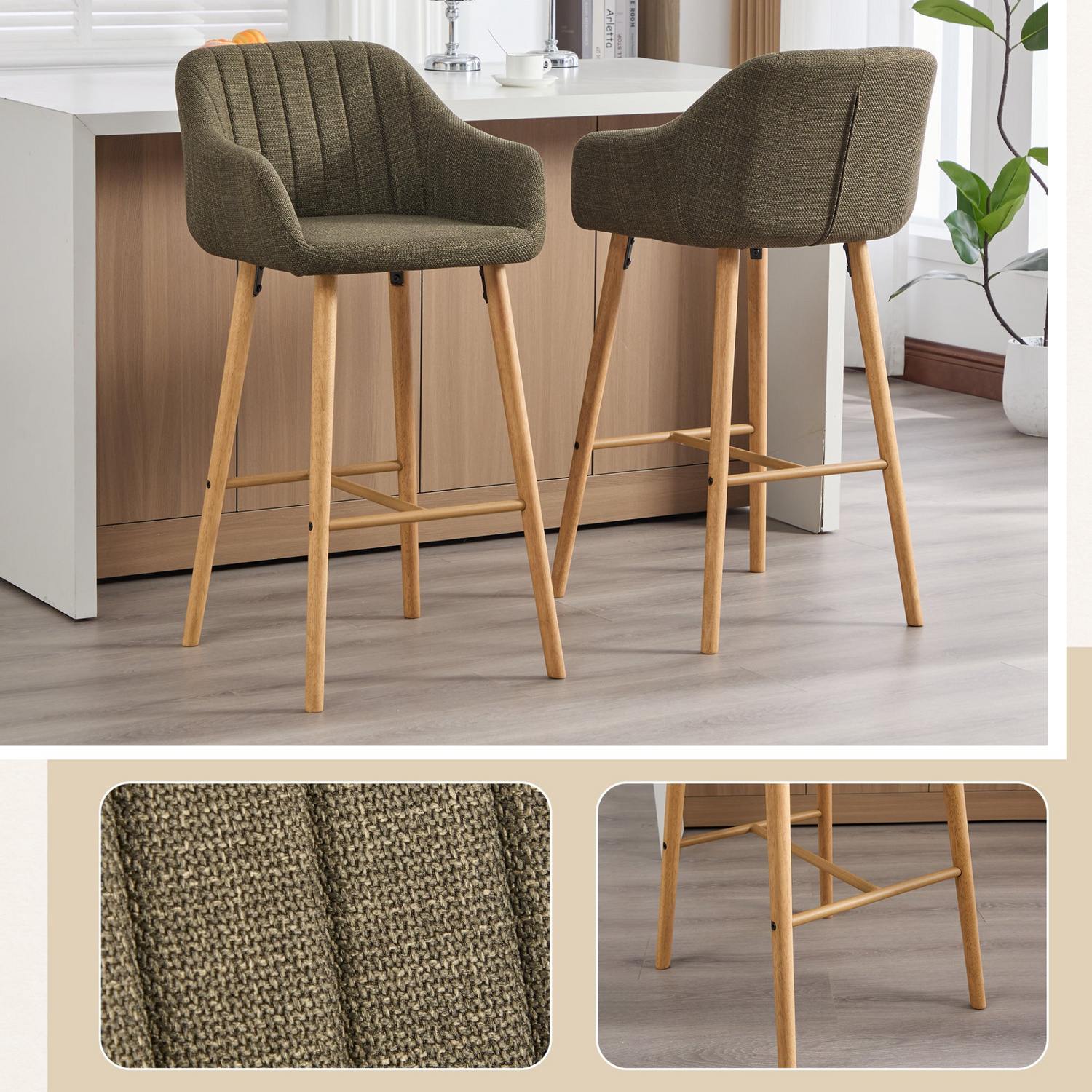 Modern linen upholstered bar stool with back, armrests, footrest, and solid wood legs by Start2Finish, showcasing a stylish seating option.