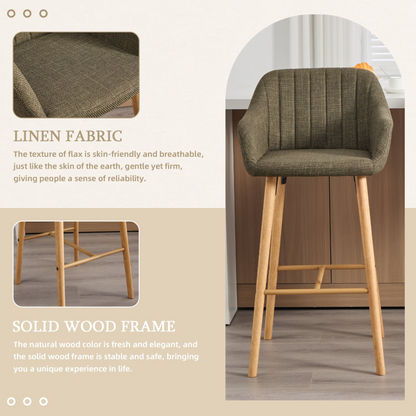 Modern linen upholstered bar stool with back, armrests, footrest, and solid wood legs by Start2Finish, shown from a side view.