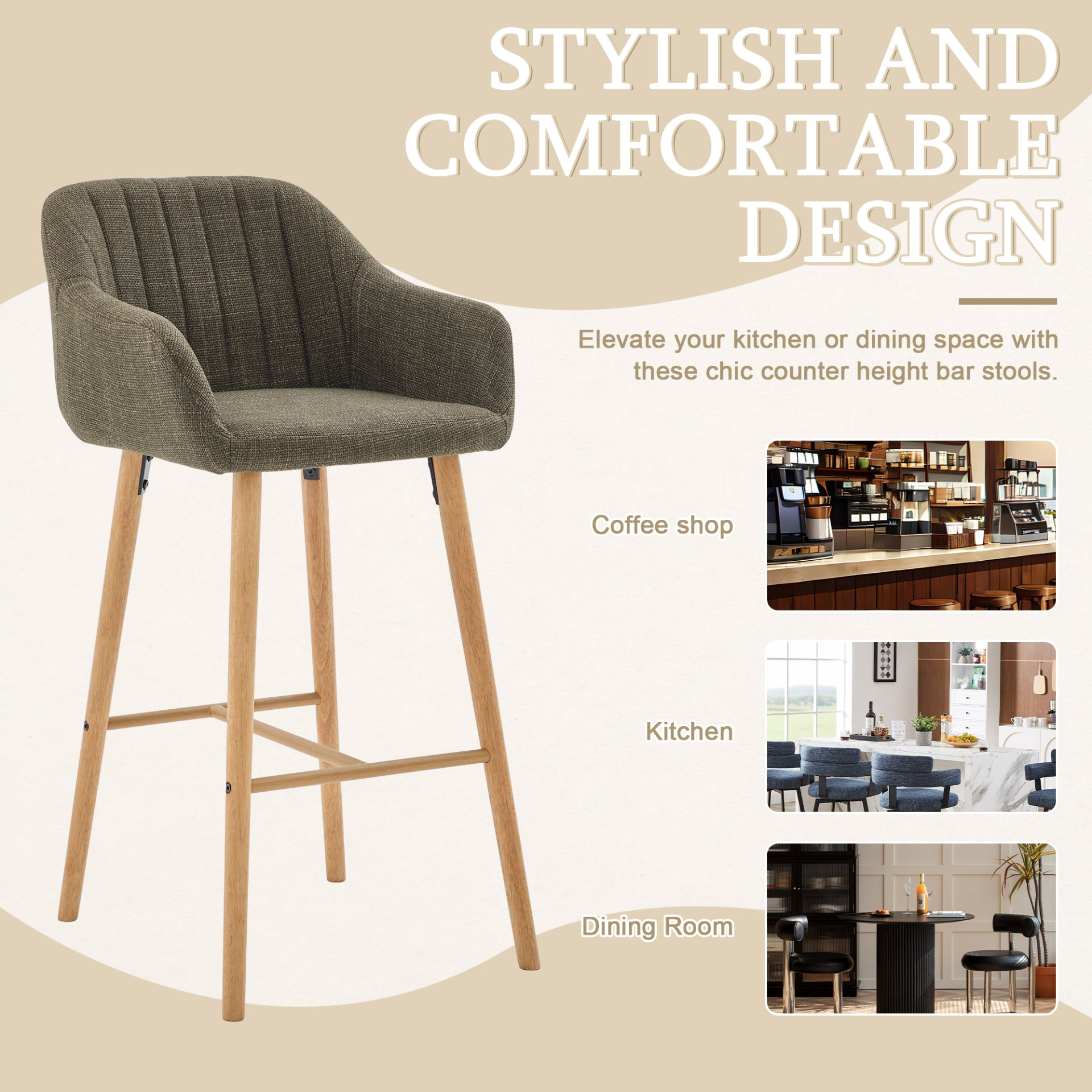 Modern linen upholstered bar stool with back, armrests, footrest, and solid wood legs by Start2Finish