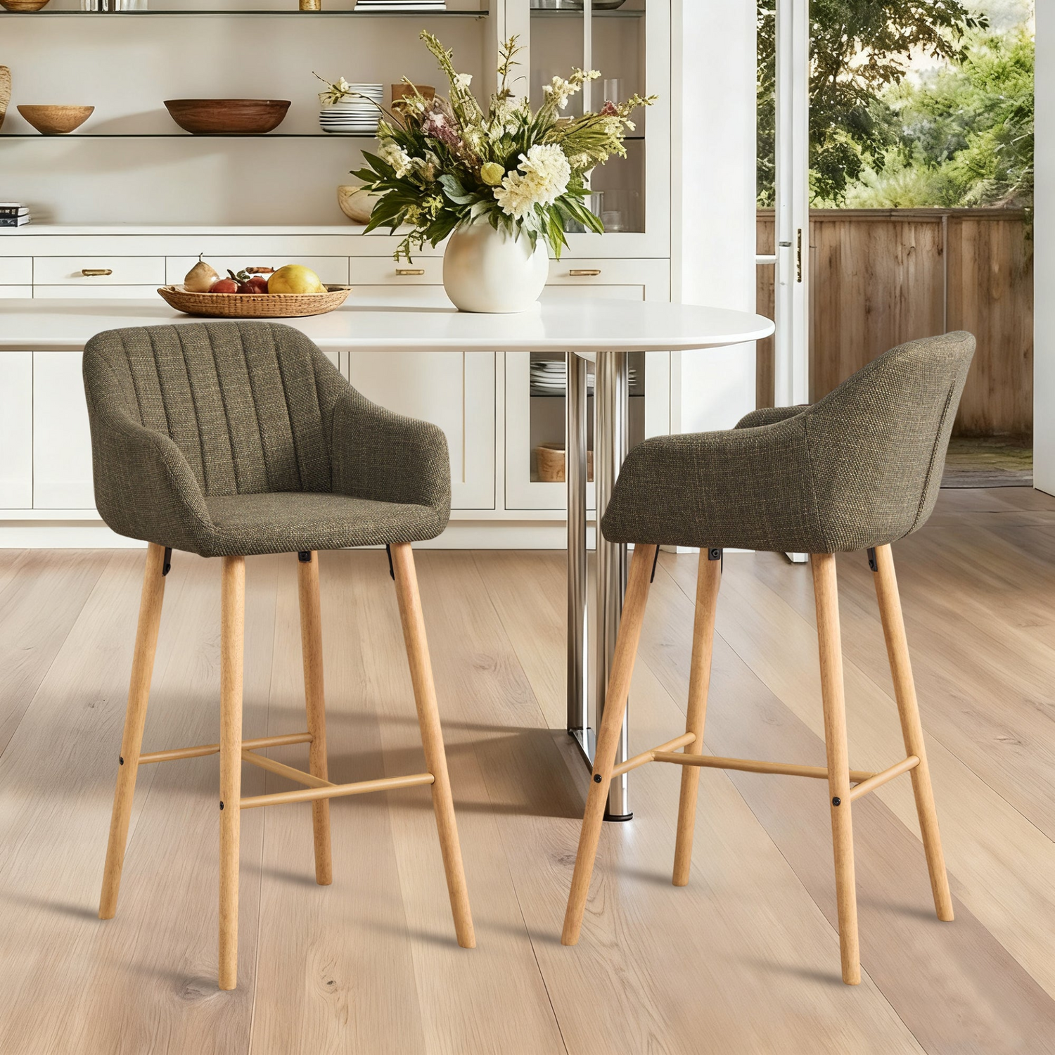Modern linen upholstered bar stool with backrest, armrests, footrest, and solid wood legs, featuring a sleek design from Start2Finish.