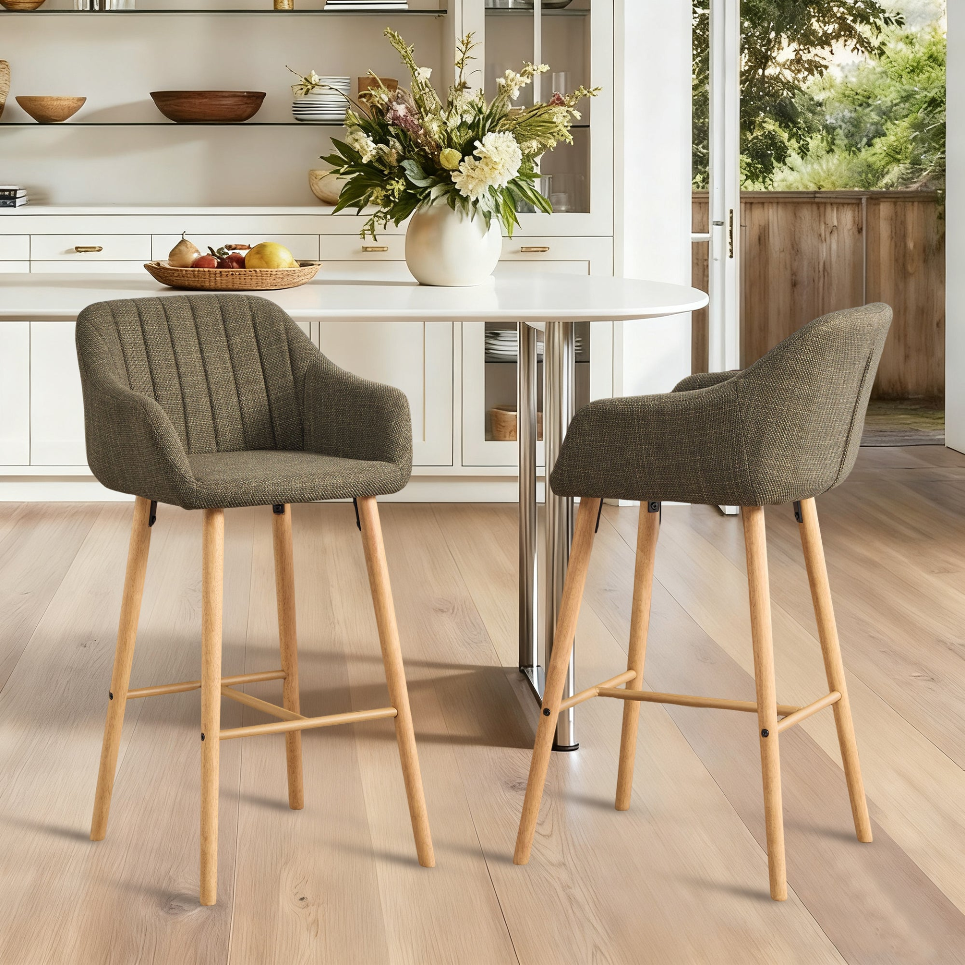 Modern linen upholstered bar stool with backrest, armrests, footrest, and solid wood legs, featuring a sleek design from Start2Finish.