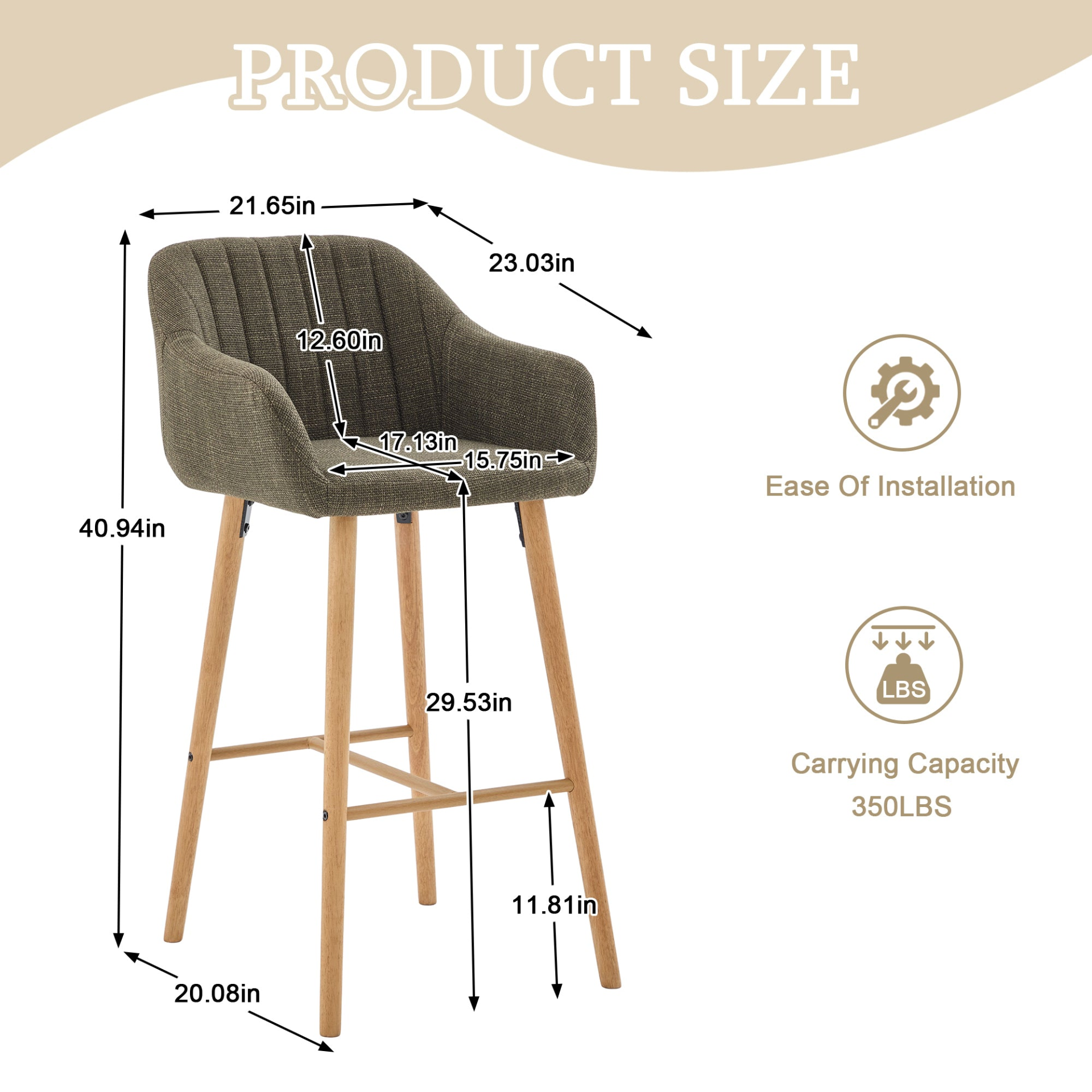 Modern linen upholstered bar stool with back, armrests, footrest, and solid wood legs by Start2Finish.