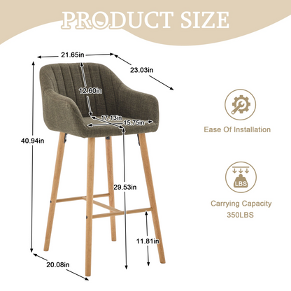 Modern linen upholstered bar stool with back, armrests, footrest, and solid wood legs by Start2Finish.