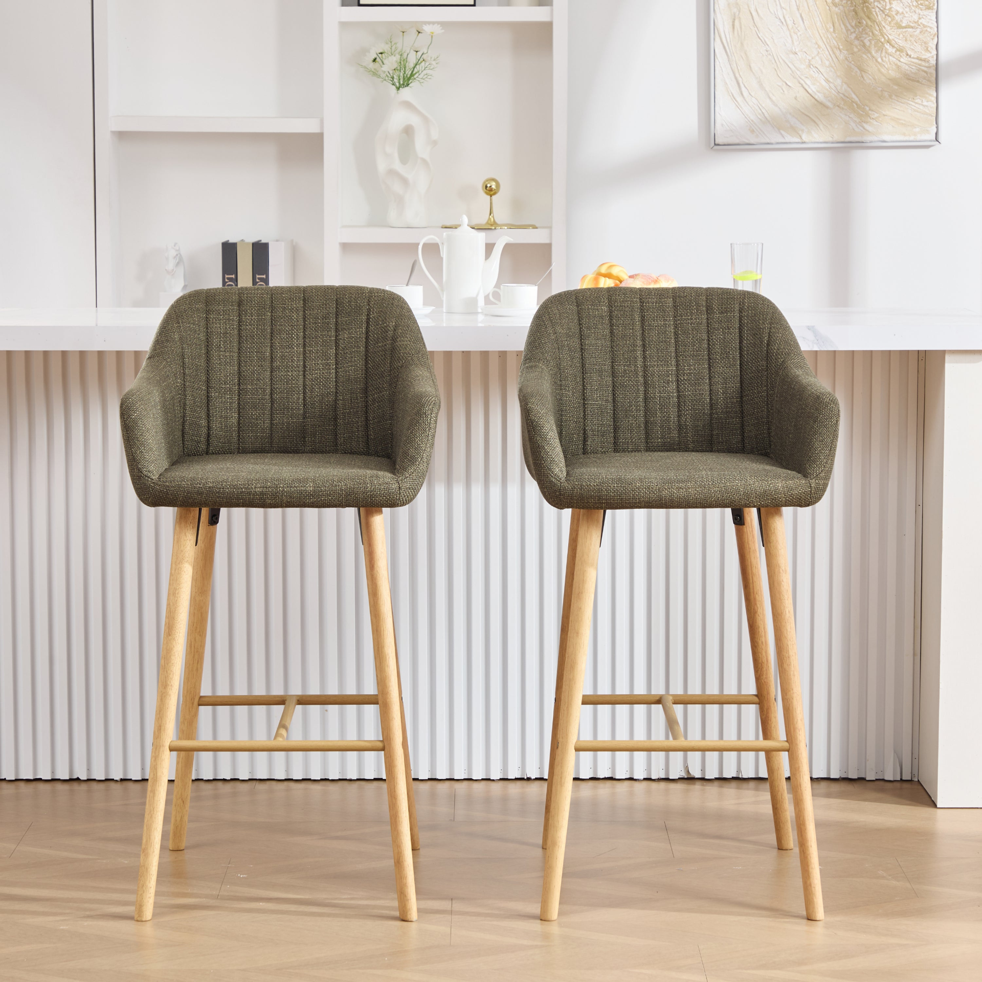 Modern linen upholstered bar stool with back, armrests, footrest, and solid wood legs by Start2Finish