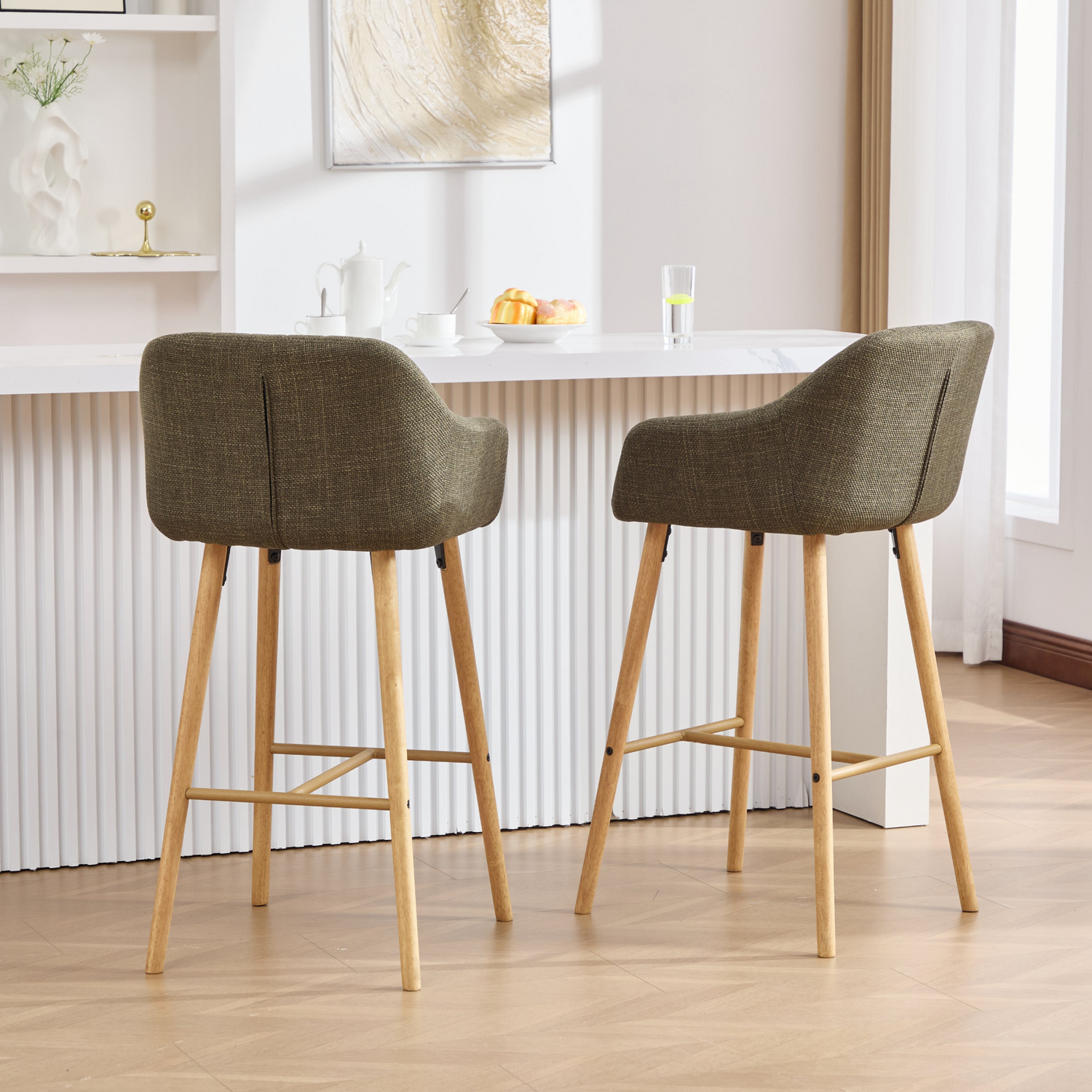 Modern linen upholstered bar stool with back, armrests, footrest, and solid wood legs by Start2Finish.