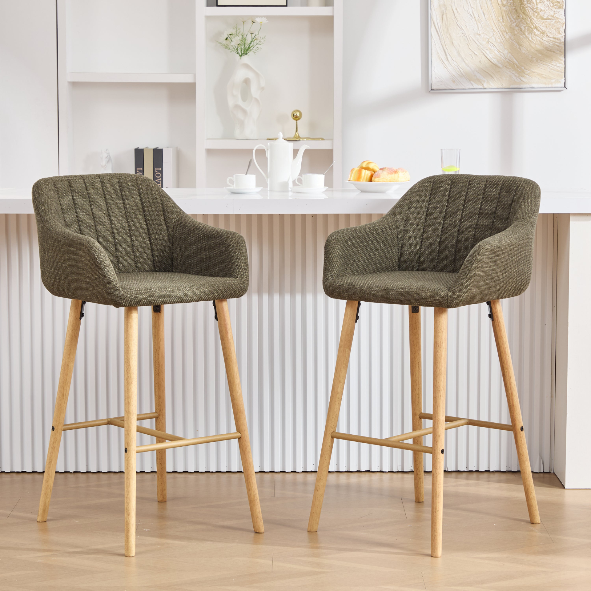 Modern linen upholstered bar stool with backrest, armrests, footrest, and solid wood legs by Start2Finish.