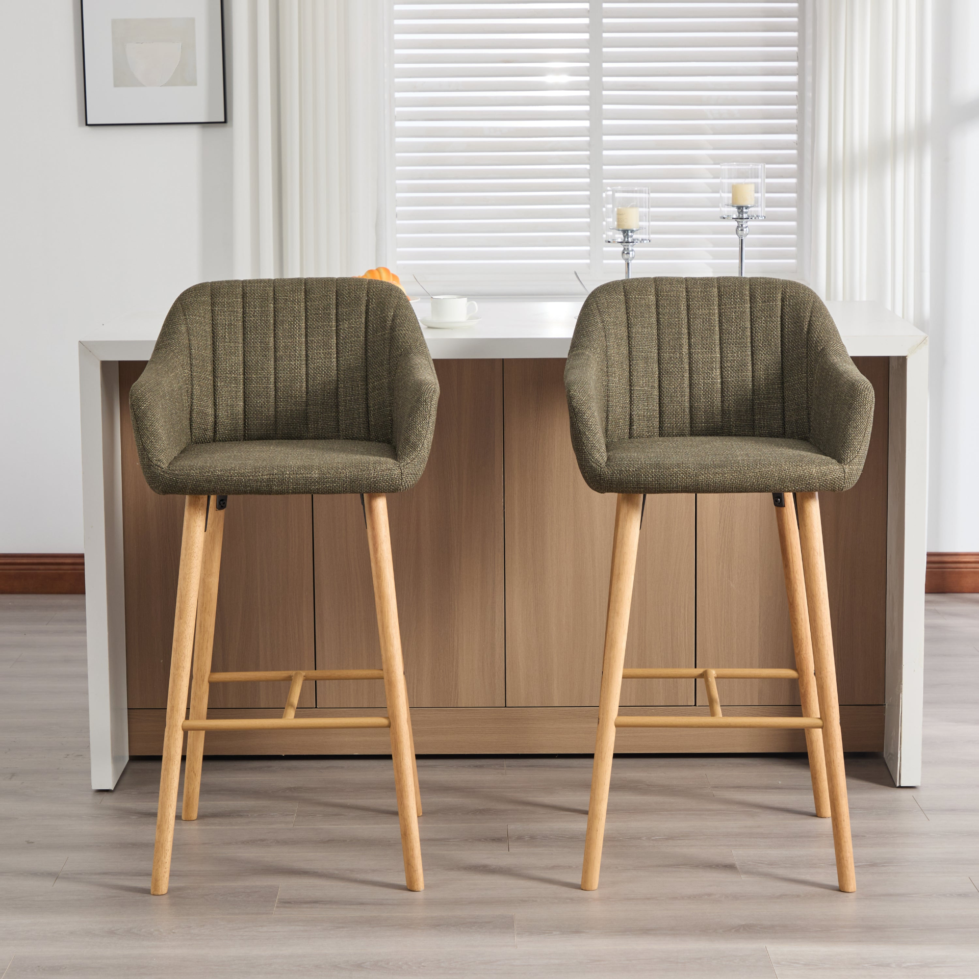 Modern linen upholstered bar stool with backrest, armrests, footrest, and solid wood legs from Start2Finish.