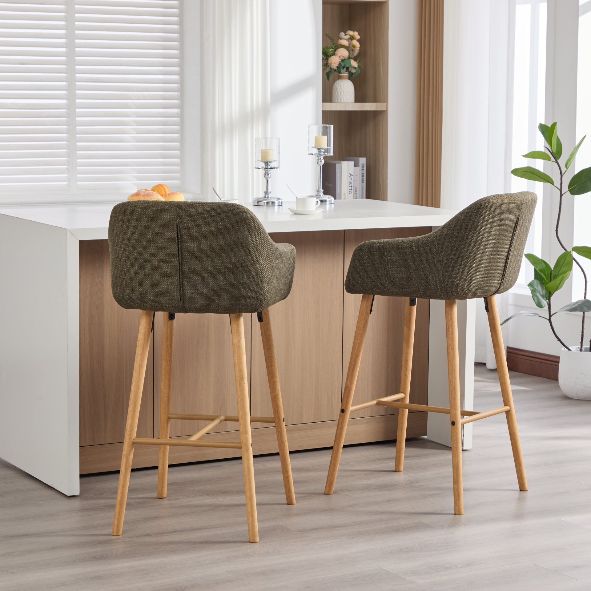 Modern linen upholstered bar stool with back, armrests, footrest, and solid wood legs by Start2Finish