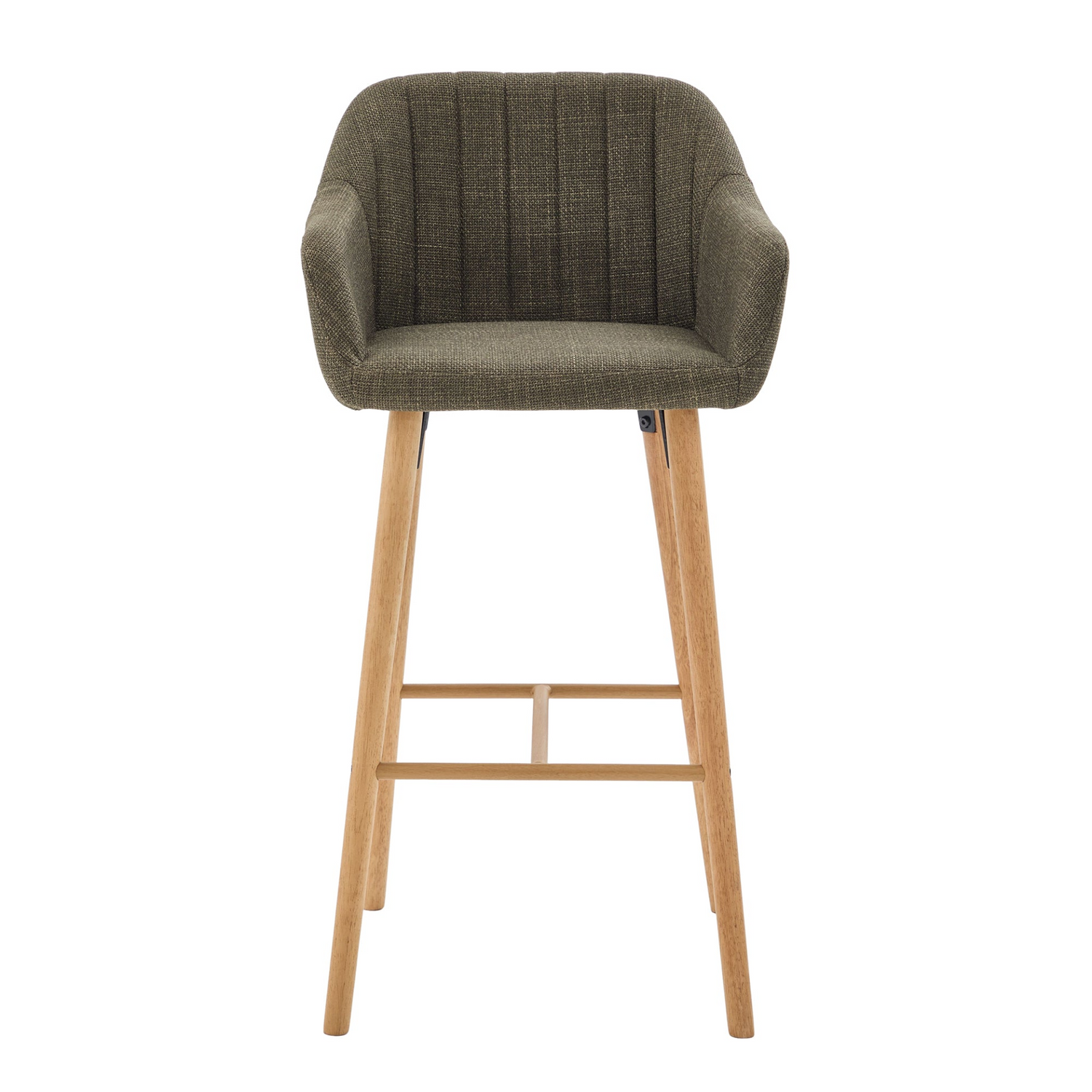 Modern linen upholstered bar stool with back, armrests, footrest and solid wood legs by Start2Finish