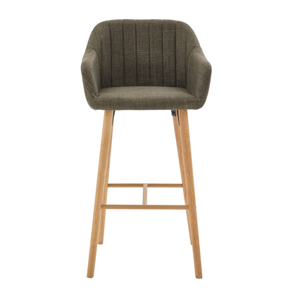 Modern linen upholstered bar stool with back, armrests, footrest and solid wood legs by Start2Finish