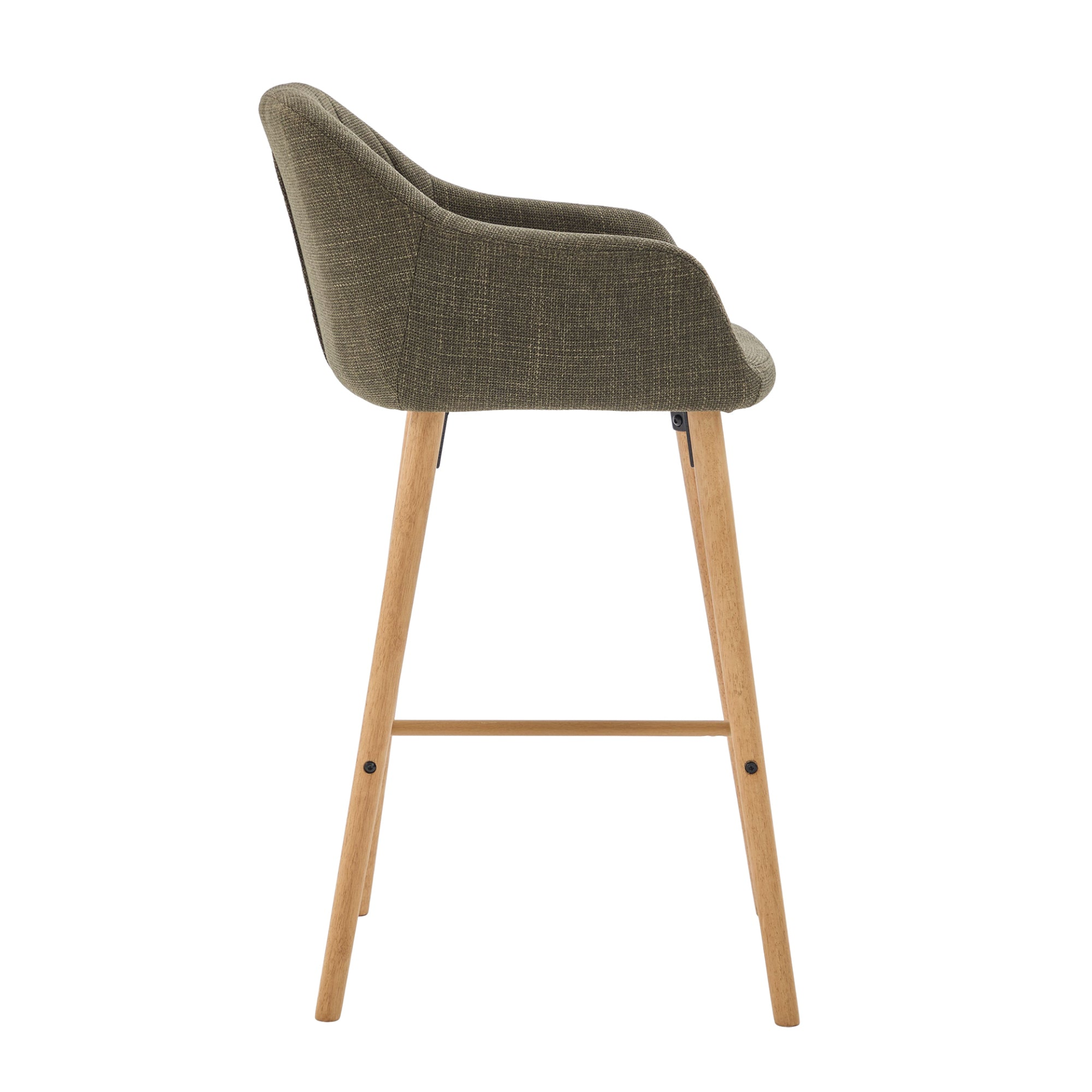 Modern linen upholstered bar stool with back, armrests, footrest, and solid wood legs, designed by Start2Finish.