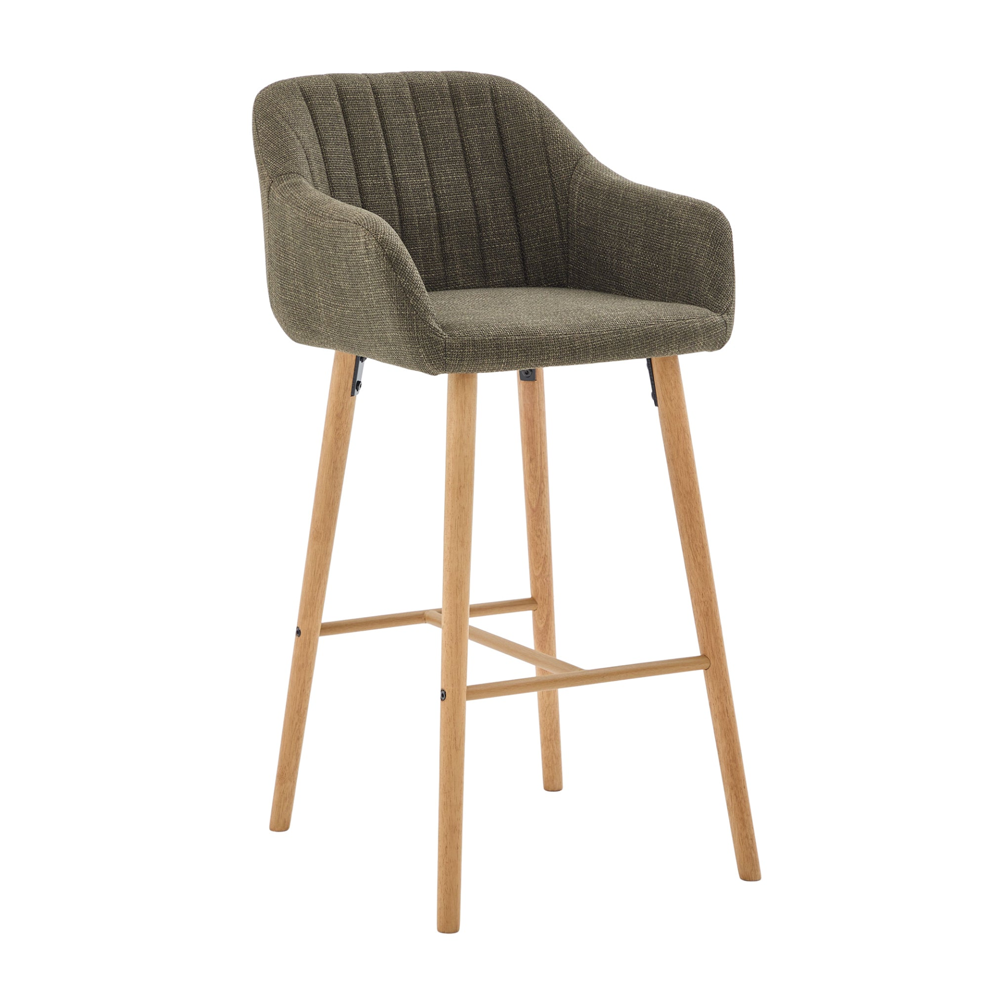 Modern linen upholstered bar stool with back, armrests, footrest, and solid wood legs by Start2Finish