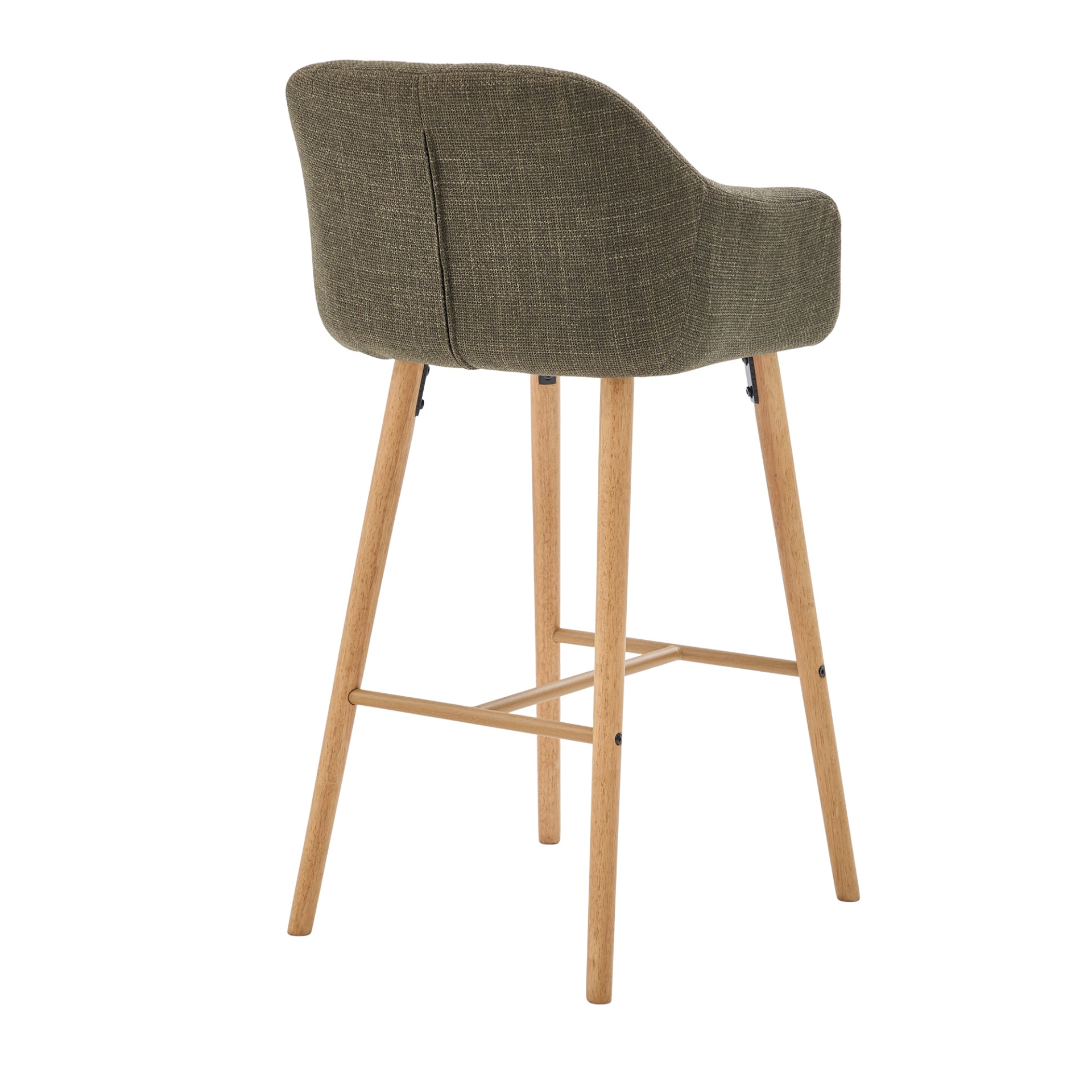 Modern linen upholstered bar stool with back, armrests, footrest, and solid wood legs by Start2Finish.