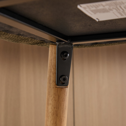Modern linen upholstered bar stool with backrest, armrests, footrest, and solid wood legs by Start2Finish.