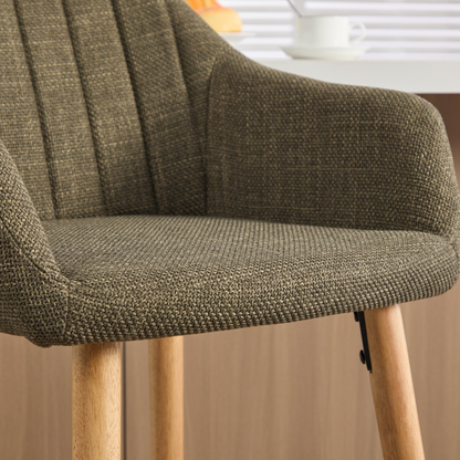 Modern linen upholstered bar stool with back, armrests, footrest, and solid wood legs by Start2Finish