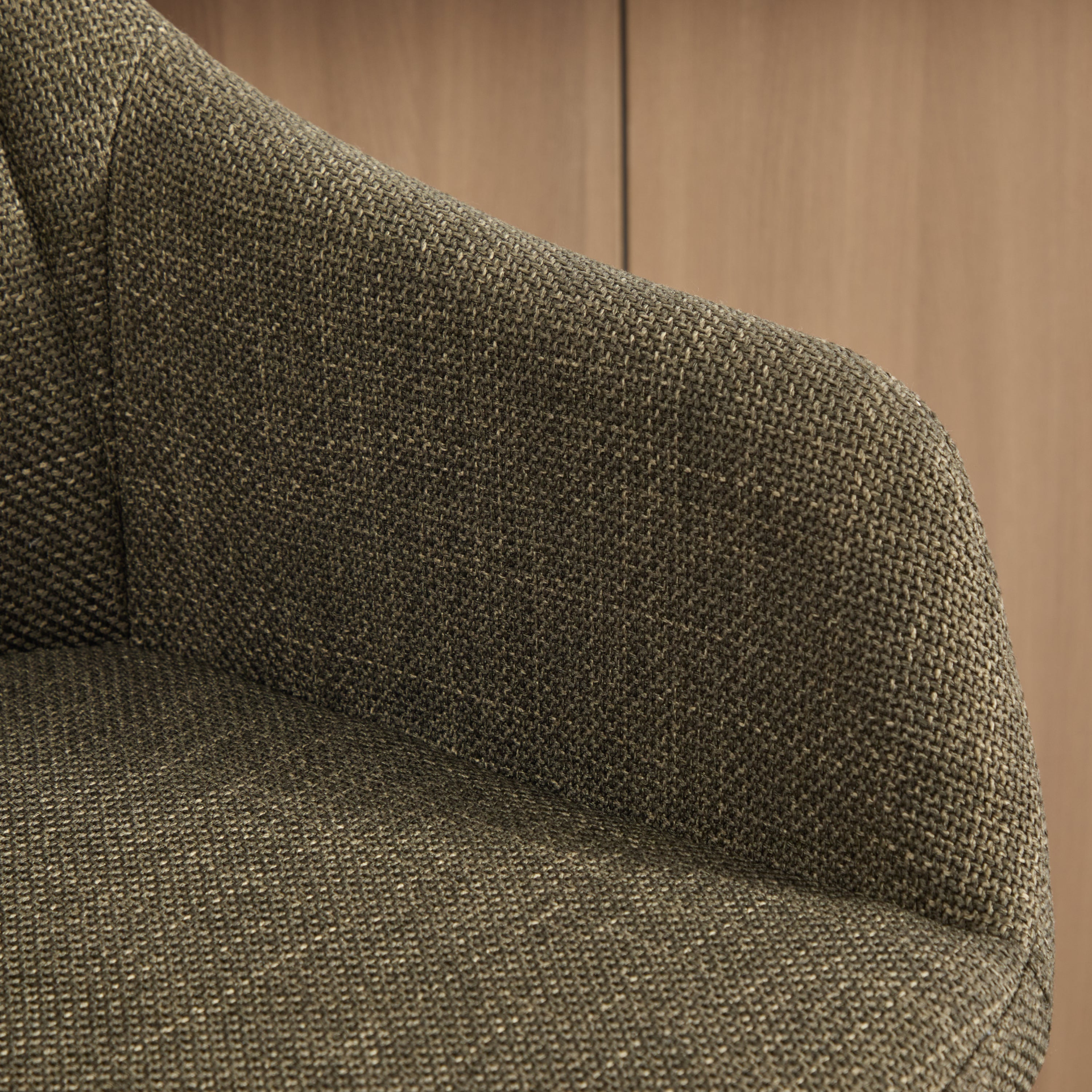 Modern linen upholstered bar stool with backrest, armrests, footrest, and solid wood legs by Start2Finish