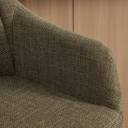 Modern linen upholstered bar stool with backrest, armrests, footrest, and solid wood legs by Start2Finish