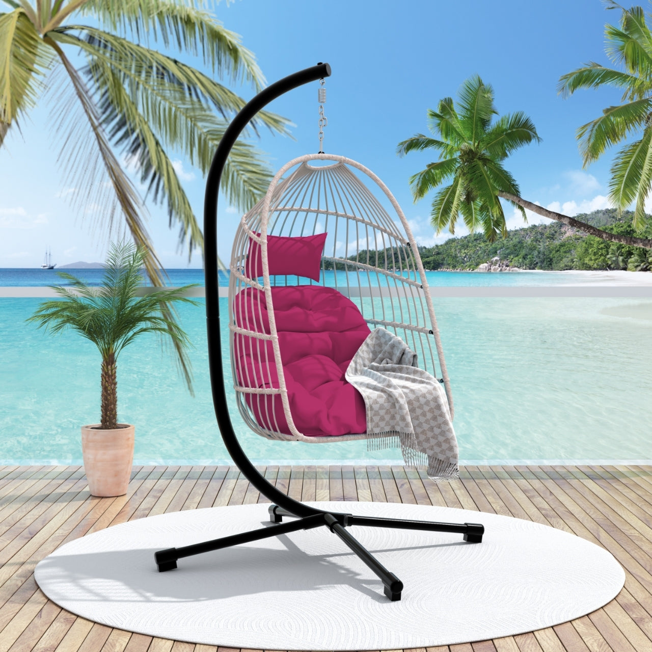 Outdoor hanging egg chair with stand, wicker rattan swing with cushion, perfect for patio relaxation by Start2Finish