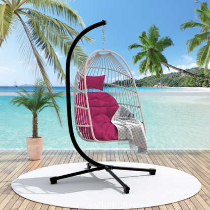 Outdoor hanging egg chair with stand, wicker rattan swing with cushion, perfect for patio relaxation by Start2Finish