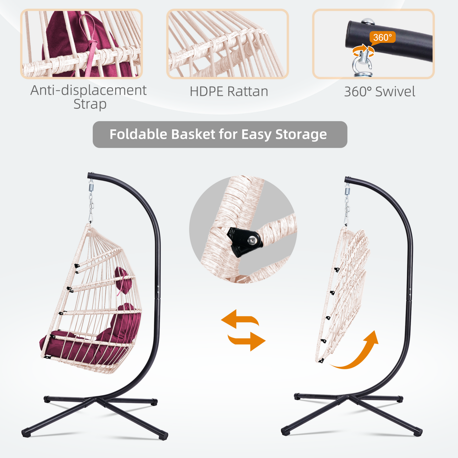 Start2Finish outdoor hanging egg chair with stand, wicker rattan swing with cushion for patio relaxation.