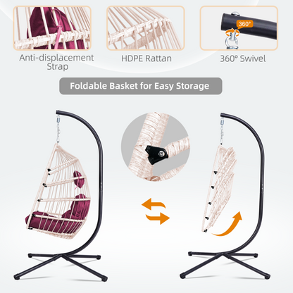 Start2Finish outdoor hanging egg chair with stand, wicker rattan swing with cushion for patio relaxation.