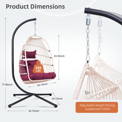 Start2Finish outdoor hanging egg chair with stand, wicker rattan swing with beige cushion, ideal for patio relaxation.