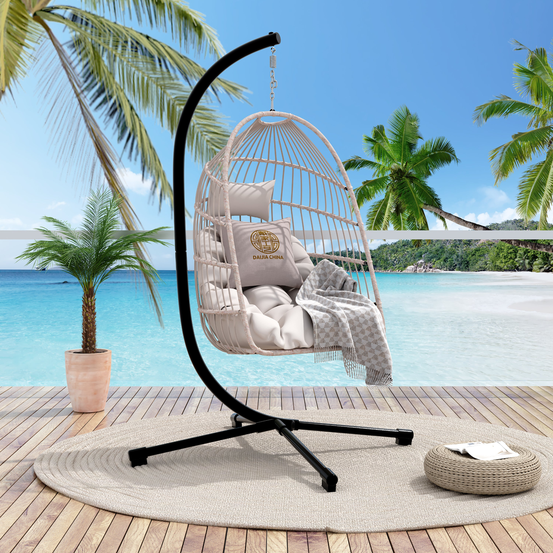 Start2Finish outdoor hanging egg chair with stand, patio wicker rattan swing with cushion, ideal for outdoor relaxation.