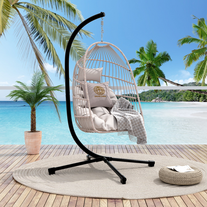 Start2Finish outdoor hanging egg chair with stand, patio wicker rattan swing with cushion, ideal for outdoor relaxation.