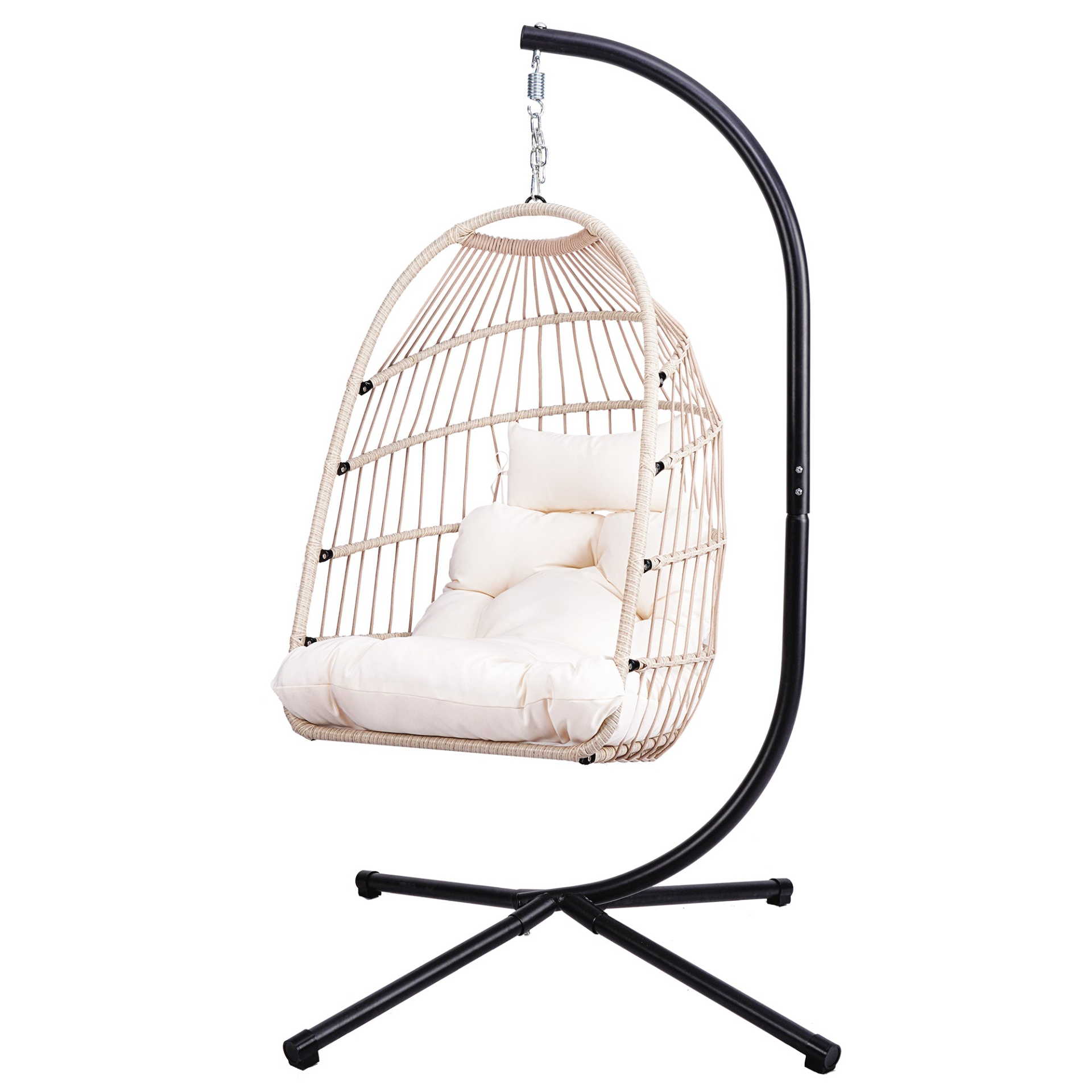 Start2Finish outdoor hanging egg chair with stand, wicker rattan swing with cushion for patio relaxation and outdoor comfort.