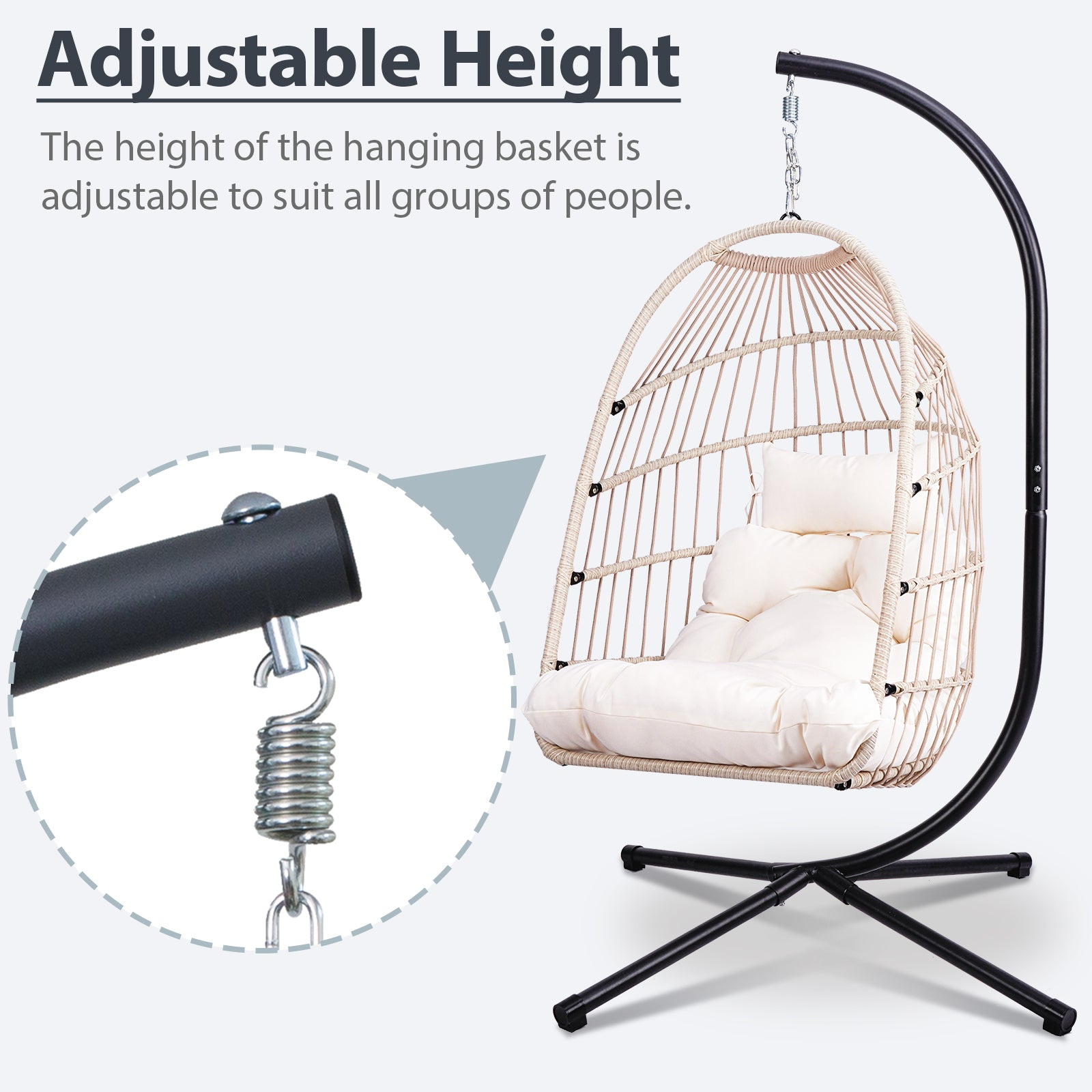 Start2Finish outdoor hanging egg chair with stand, wicker rattan swing with cushioned seat for patio relaxation and outdoor comfort.
