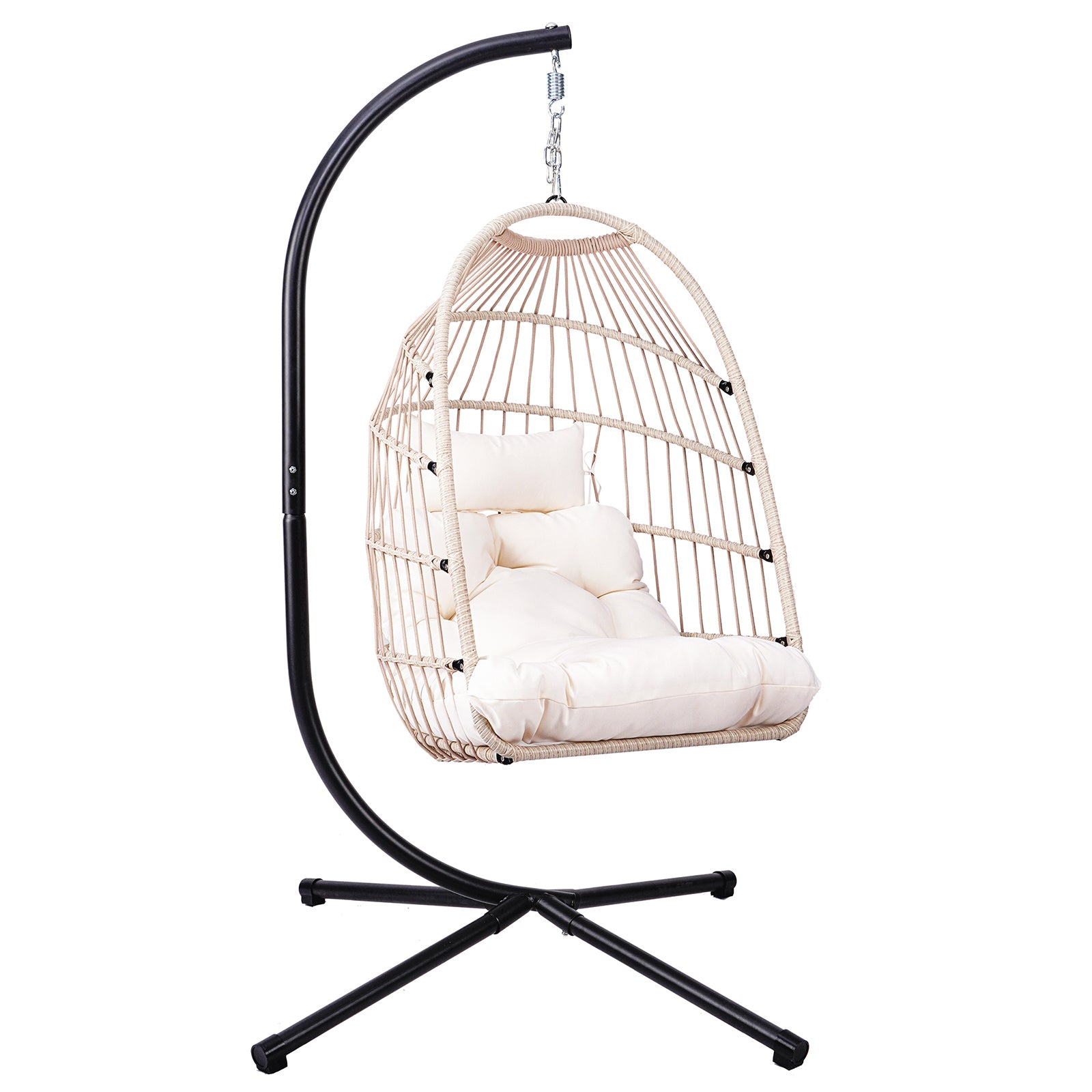 Start2Finish outdoor hanging egg chair with stand, patio wicker rattan swing with cushion for outdoor relaxation.