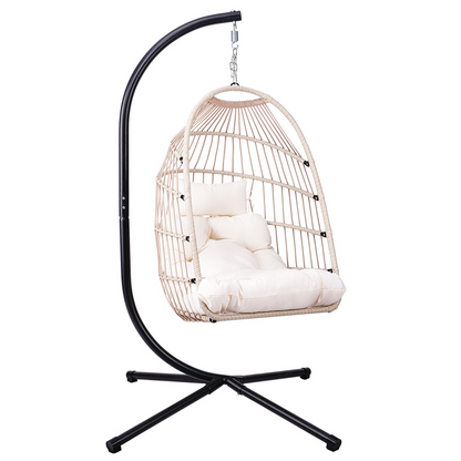 Start2Finish outdoor hanging egg chair with stand, patio wicker rattan swing with cushion for outdoor relaxation.