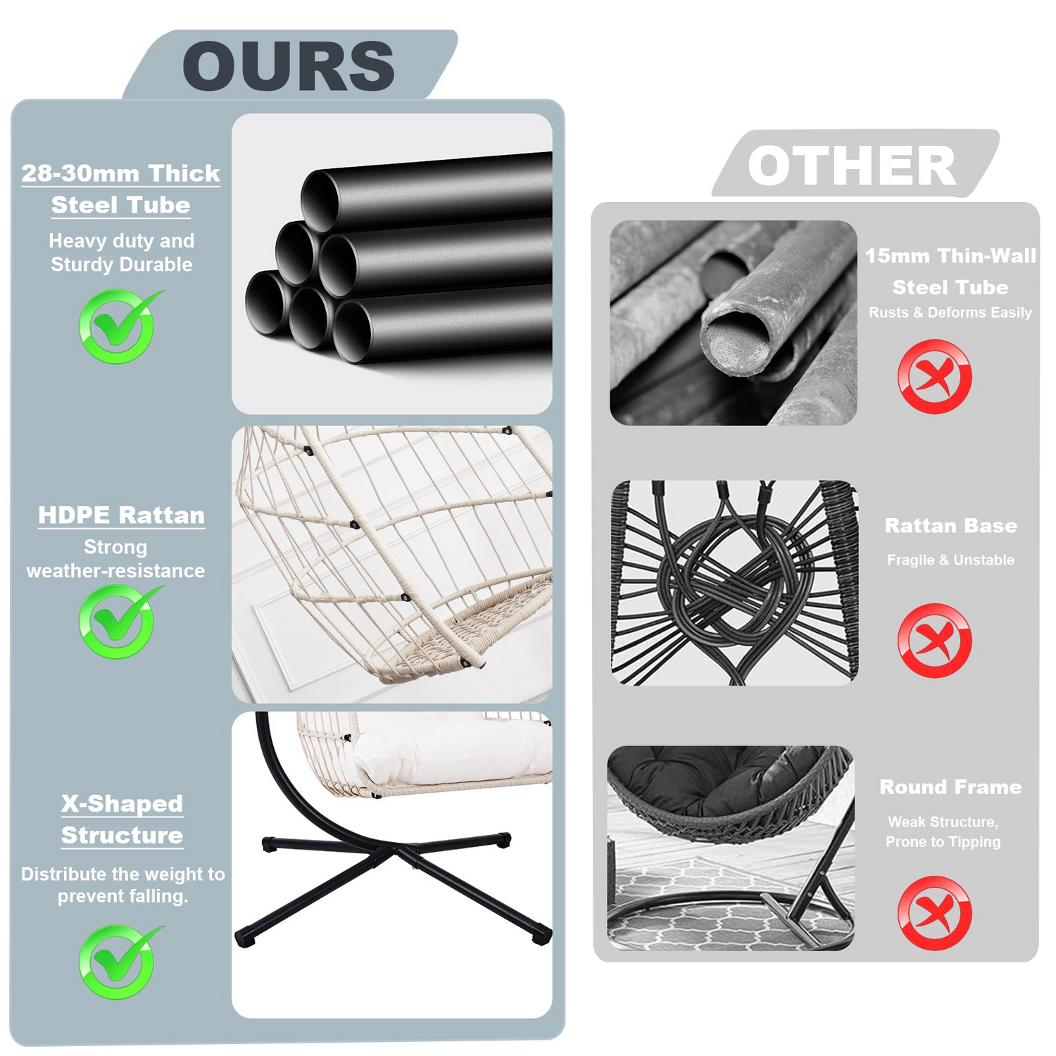 Start2Finish outdoor hanging egg chair with stand, wicker rattan swing with cushion for patio relaxation.