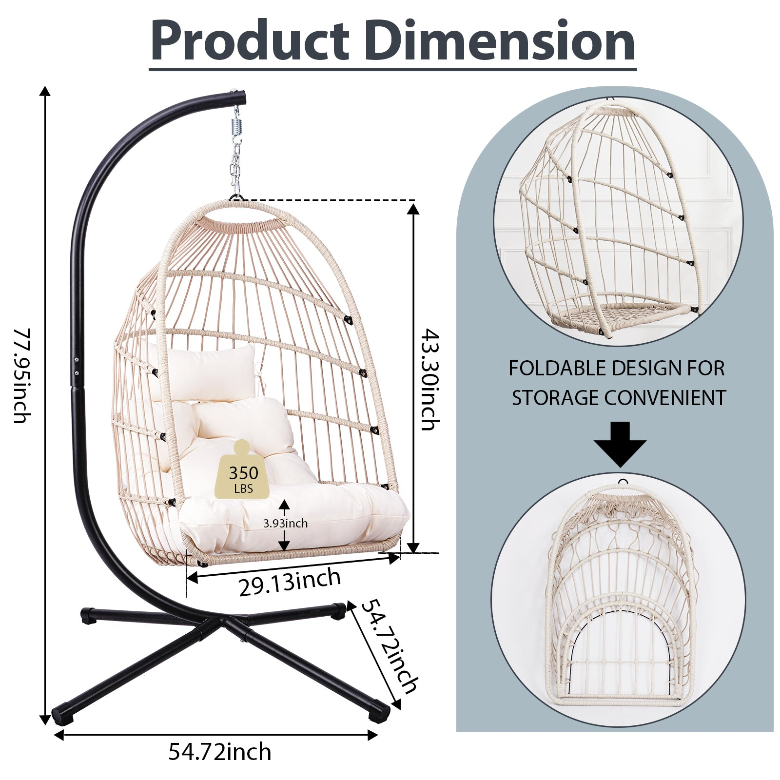 Outdoor hanging egg chair with stand, patio wicker rattan swing with cushion, by Start2Finish, showing the cozy seating setup.