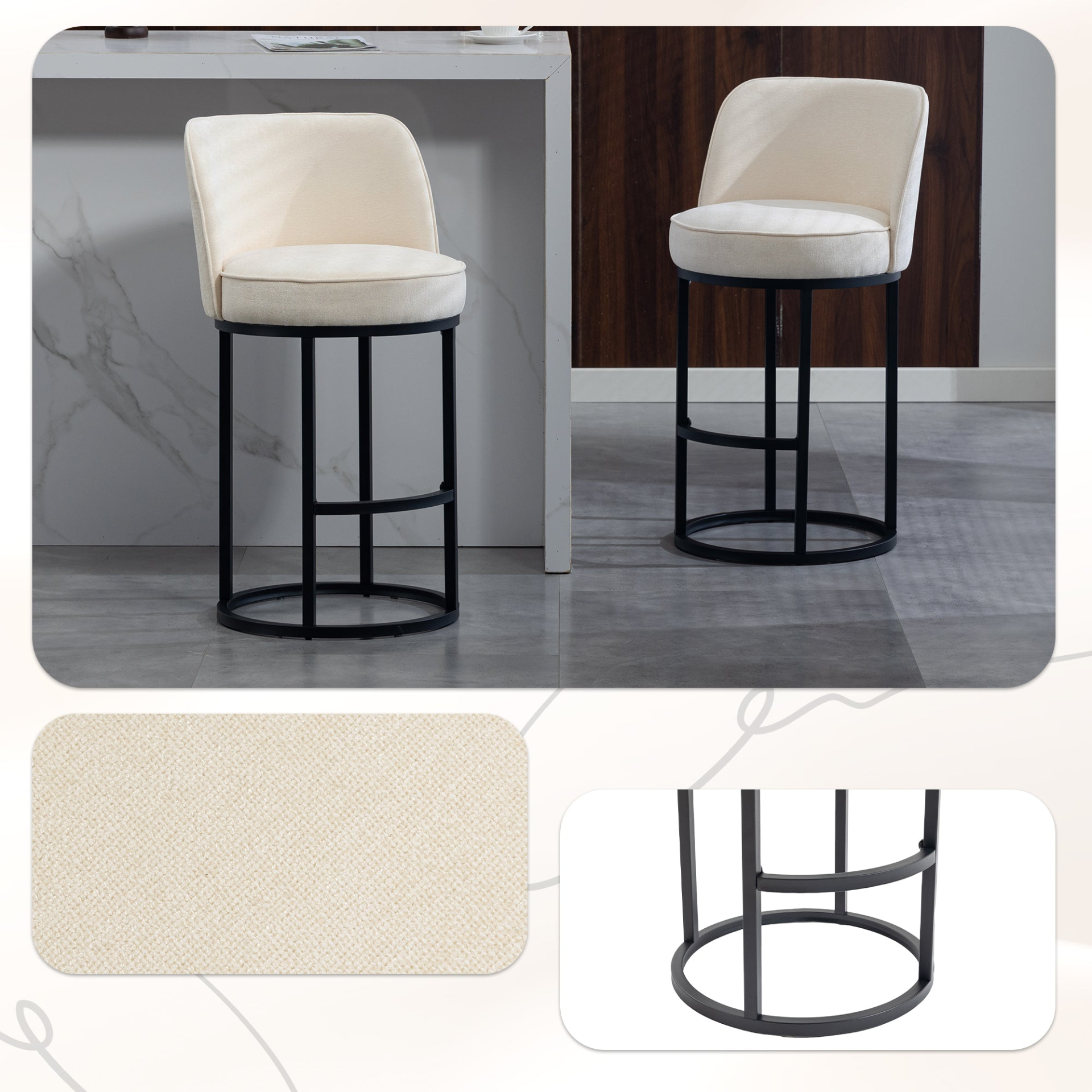 Modern barrel upholstered accent bar stools with backrests in neutral fabric, designed for stylish home seating by Start2Finish.