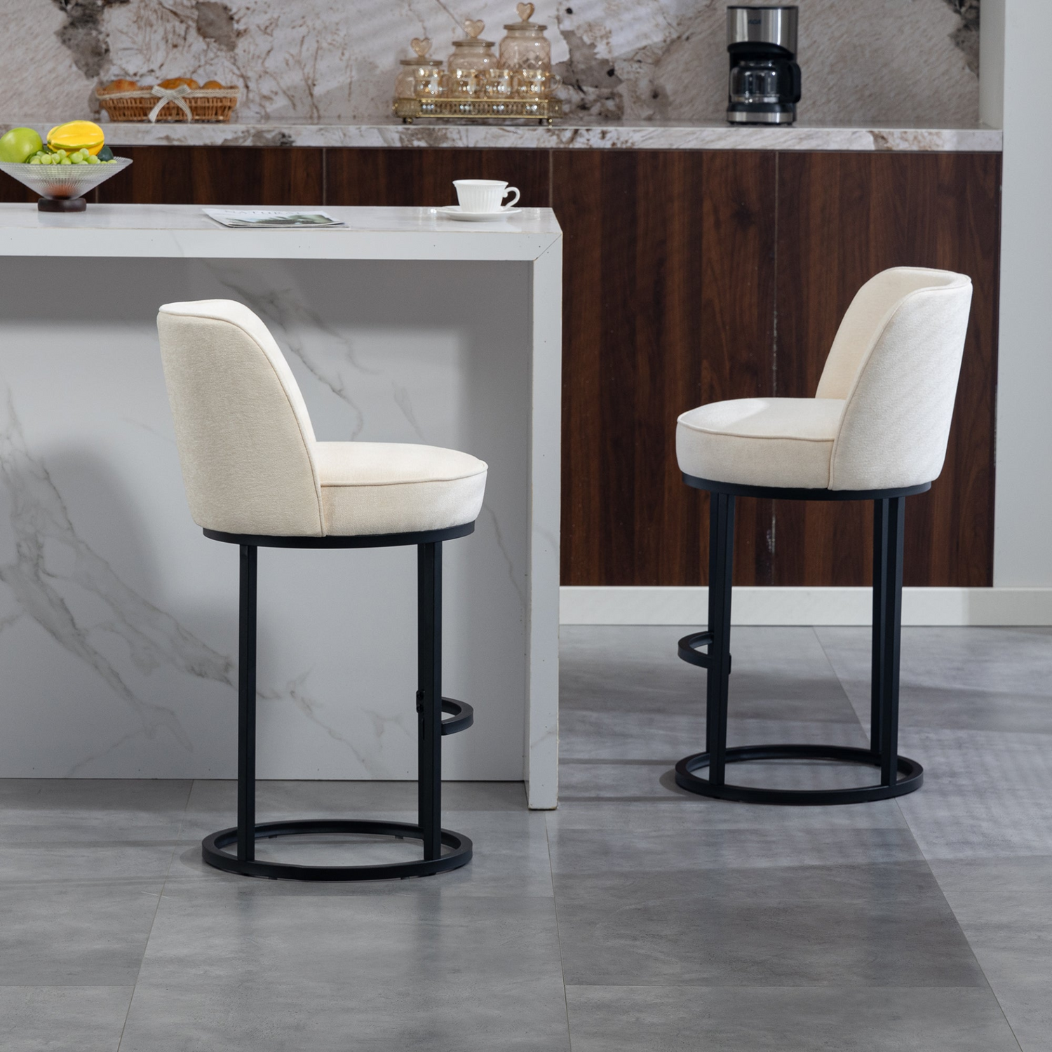Modern barrel upholstered accent bar stools with backrests by Start2Finish, stylish home seating with plush cushions and sleek design.