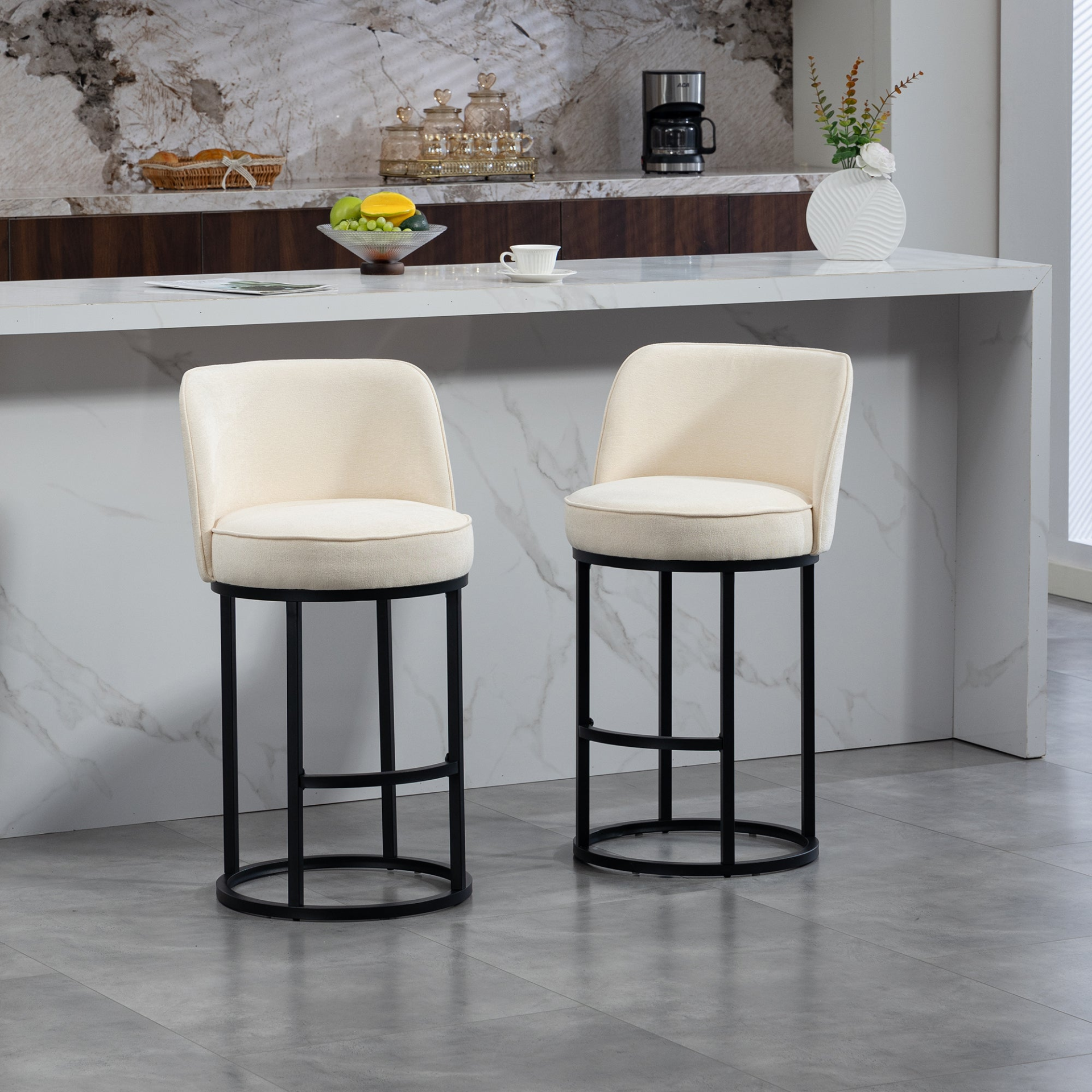 Modern barrel upholstered accent bar stool with backrest by Start2Finish, featuring stylish home seating design and plush cushioning.