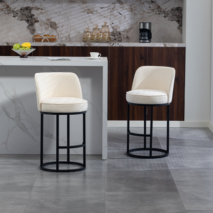 Set of two Start2Finish modern barrel upholstered accent bar stools with backrests, stylish home seating with plush fabric.