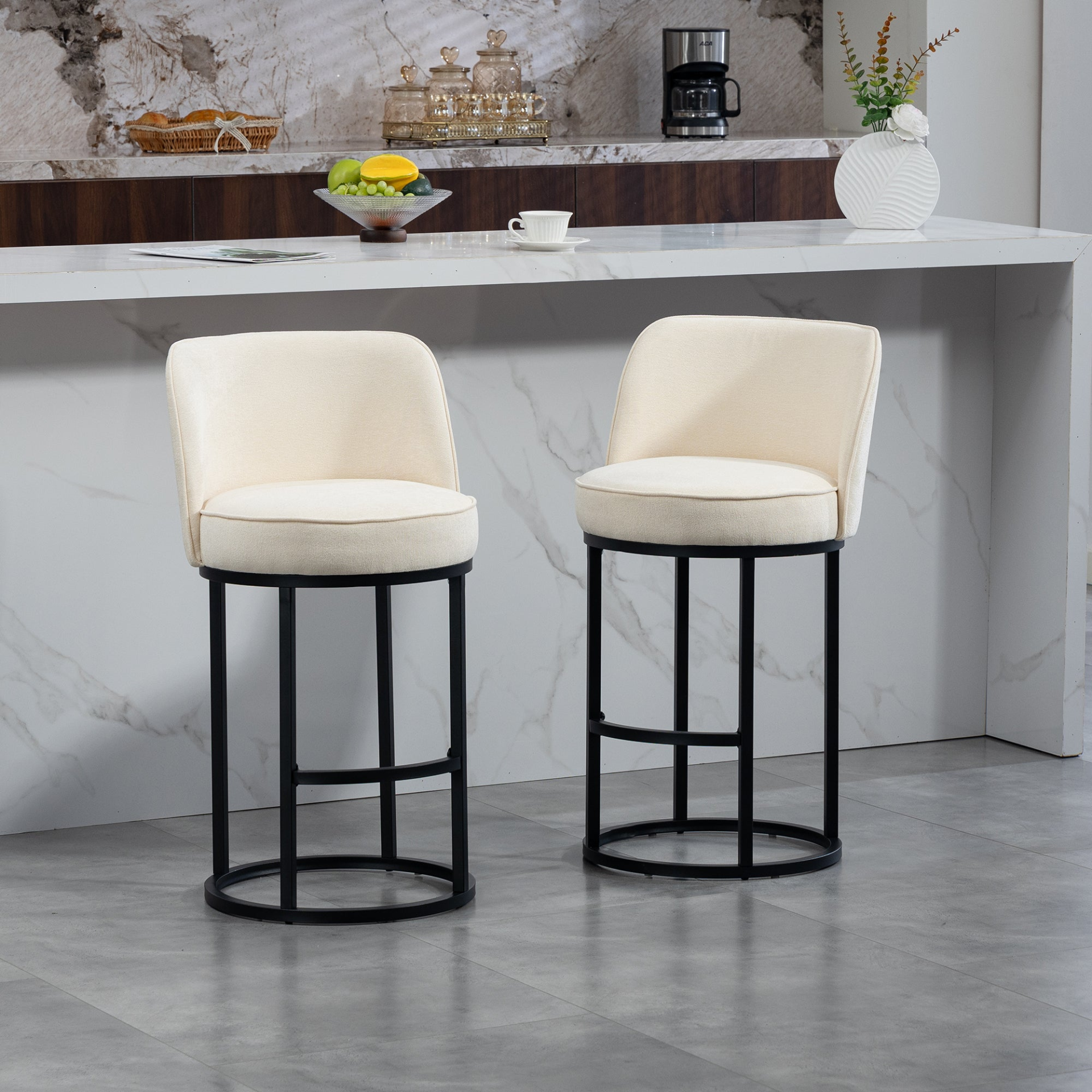 Modern barrel upholstered accent bar stools with backrests for stylish home seating, featuring sleek design and comfortable cushioning.