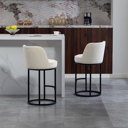 Start2Finish modern barrel upholstered accent bar stool with backrest, stylish home seating, black fabric and wooden legs.