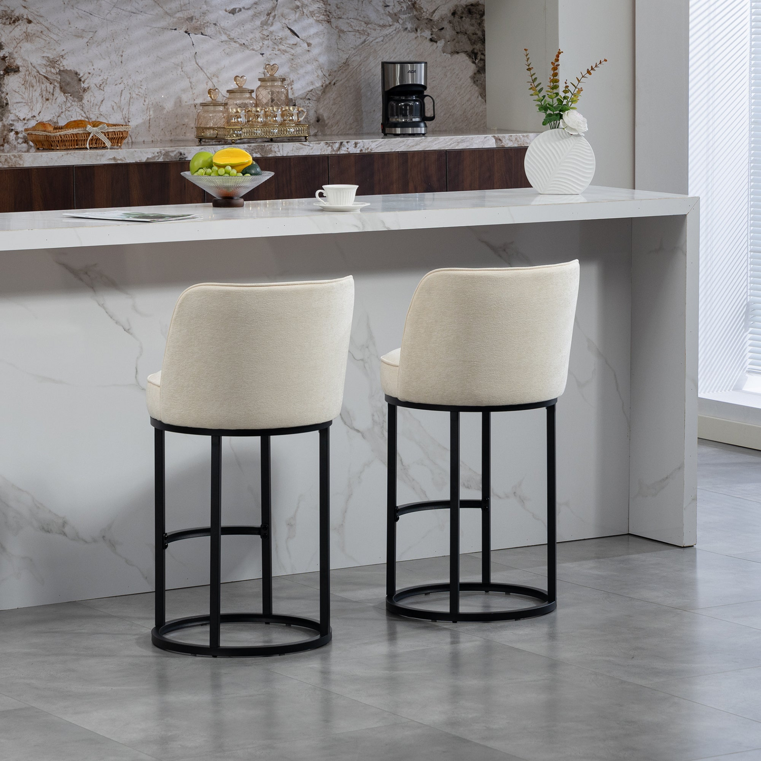 Start2Finish modern barrel upholstered accent bar stools with backrests, showcasing stylish home seating with plush fabric and wooden legs.