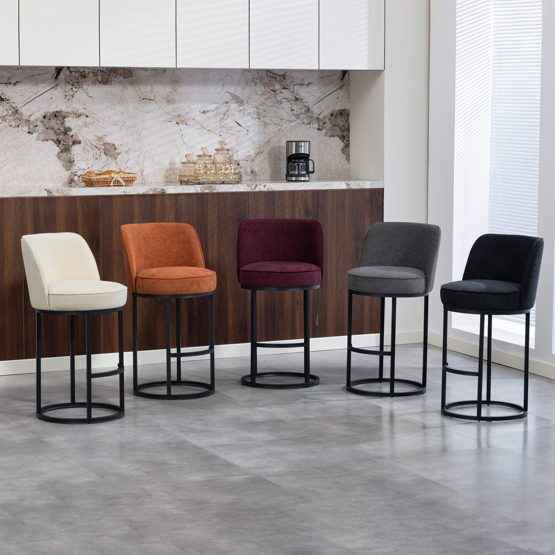 Modern barrel upholstered accent bar stool with backrest by Start2Finish, featuring stylish home seating with plush cushioning.