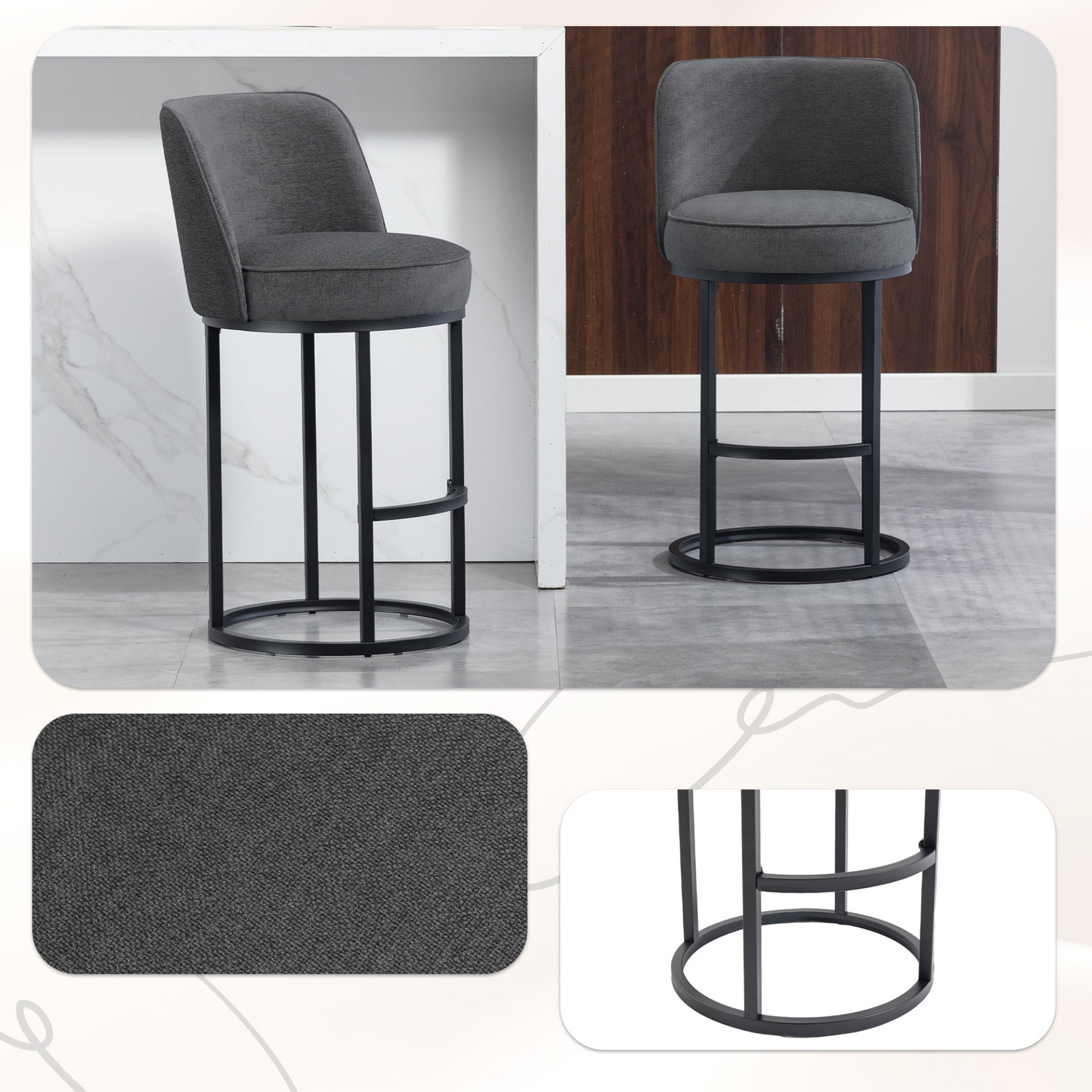 Start2Finish modern barrel upholstered accent bar stool with backrest, stylish home seating, gray fabric, wooden legs, and armrests.