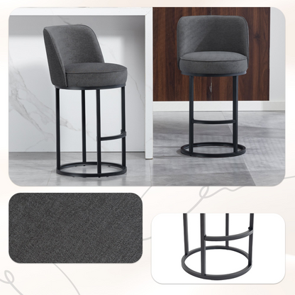 Start2Finish modern barrel upholstered accent bar stool with backrest, stylish home seating, gray fabric, wooden legs, and armrests.