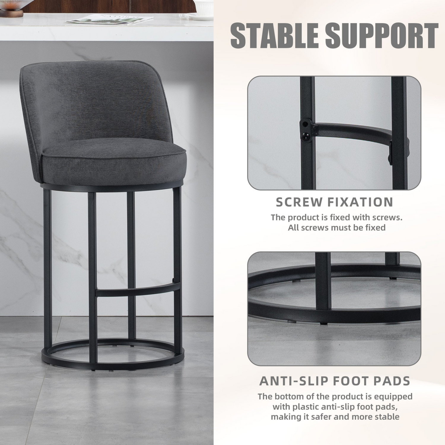 Modern barrel upholstered accent bar stools with backrests, stylish home seating from Start2Finish, featuring plush fabric and sleek design.