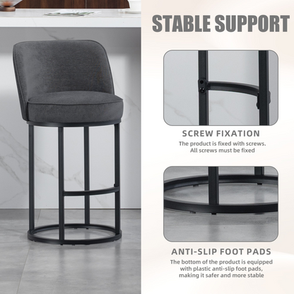 Modern barrel upholstered accent bar stools with backrests, stylish home seating from Start2Finish, featuring plush fabric and sleek design.